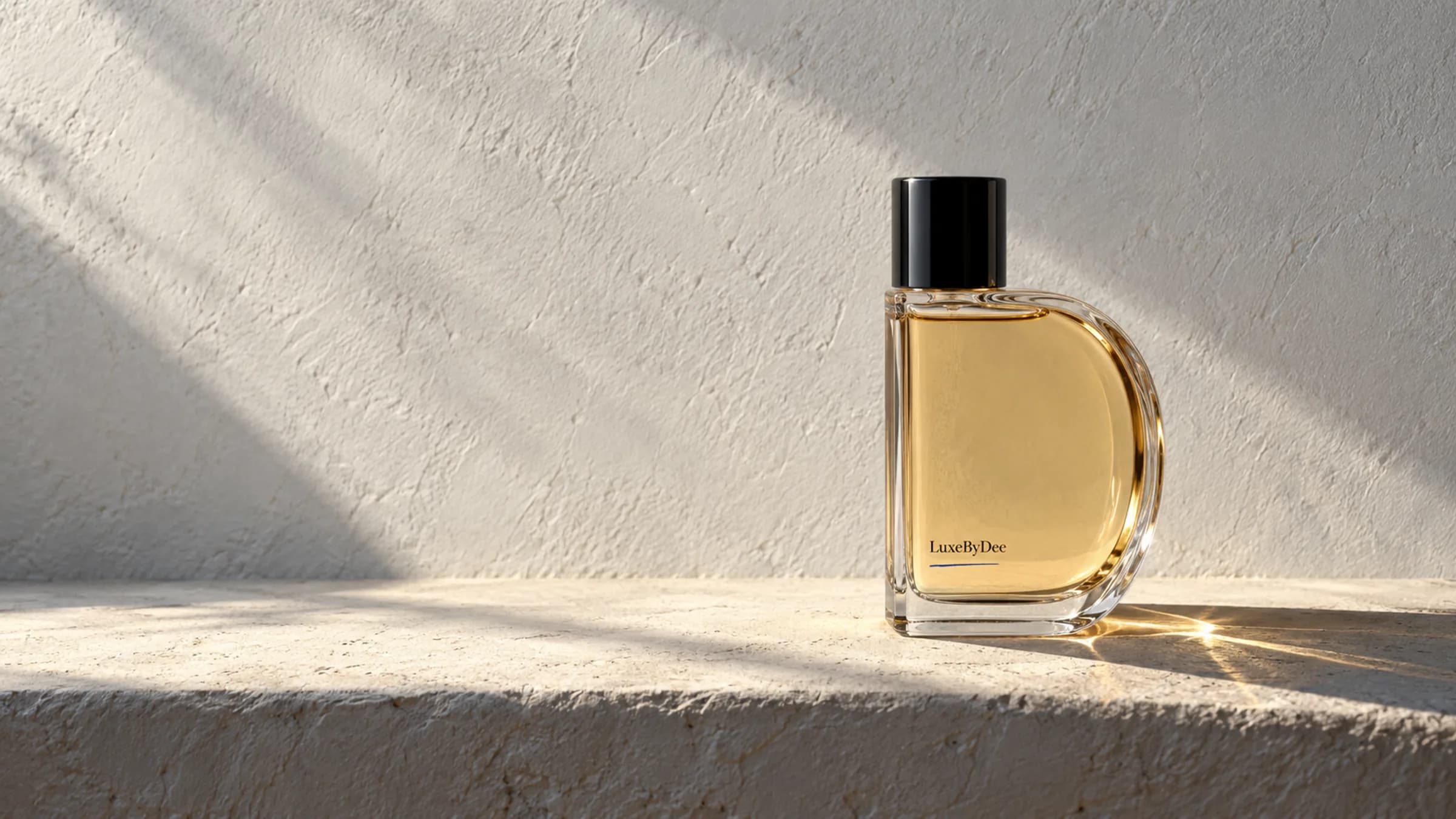 The Paraph bottle, a clear glass D with a black cap, on a limewashed ledge in hard afternoon light